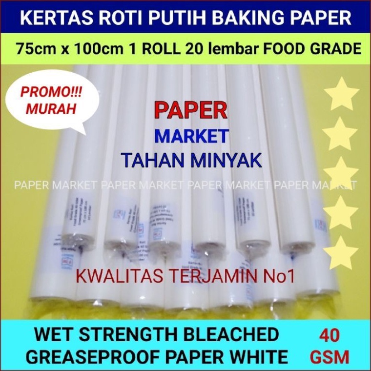 

GFMPY5597 KERTAS ROTI PUTIH GREASEPROOF PAPER WHITE 4 GSM uk 75 cm x 1cm 1roll 2 lembar