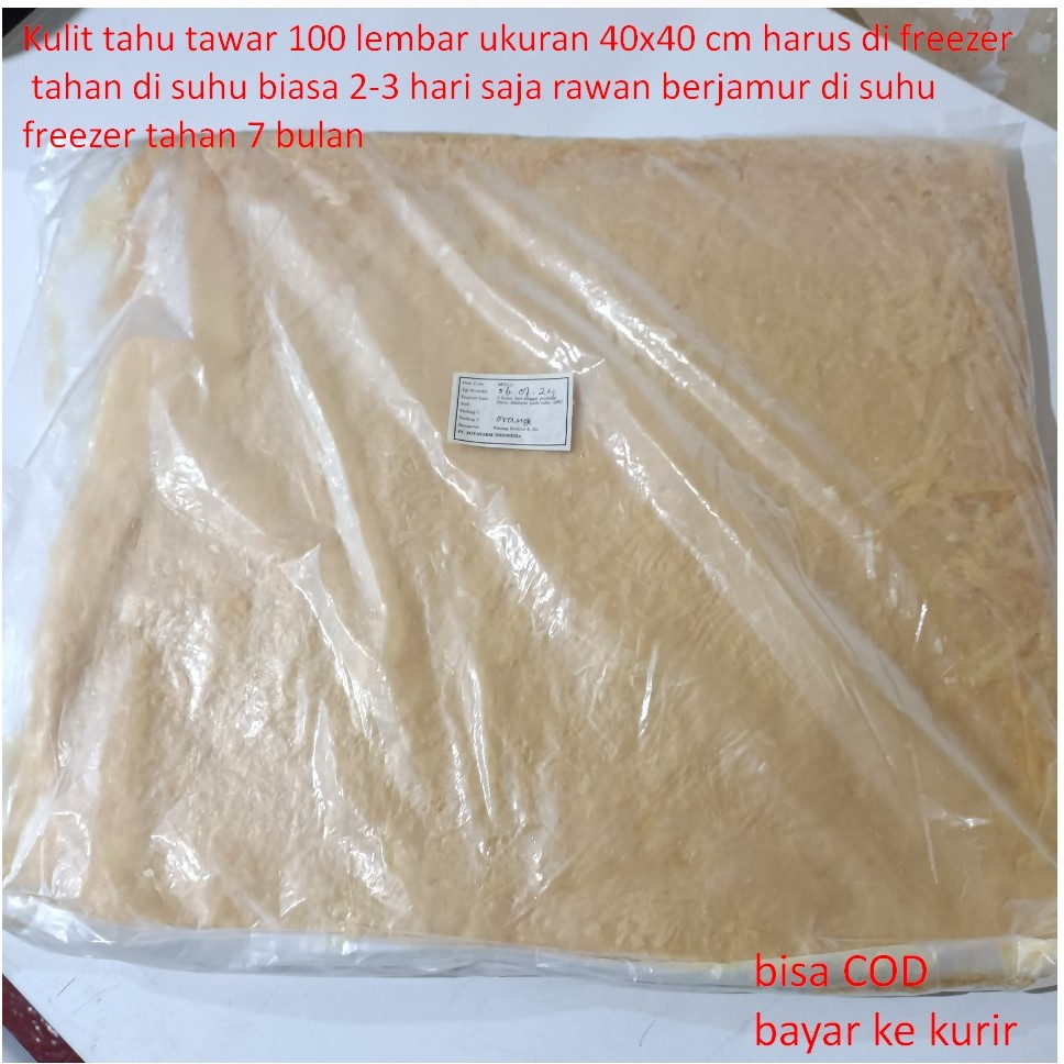 

Kulit tahu tawar 100 lembar ukuran 40x40 cm harus di freezer tahan di suhu biasa 2-3 hari saja rawan berjamur di suhu freezer tahan 7 bulan