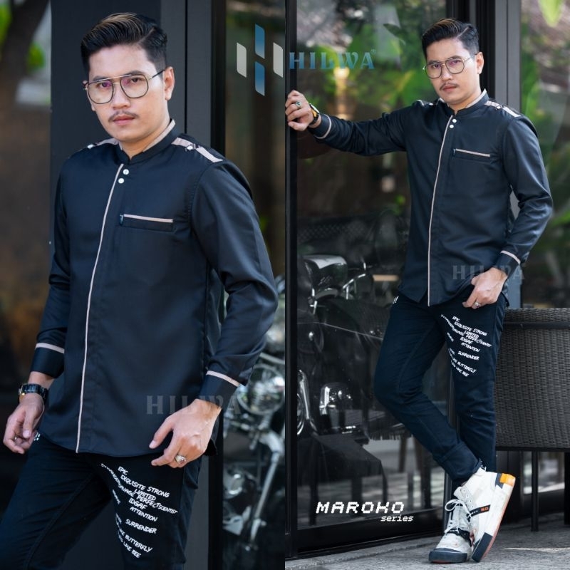 Baju koko hilwa maroko hitam | kemeja baju koko pria dewasa lengan panjang original hilwa collection