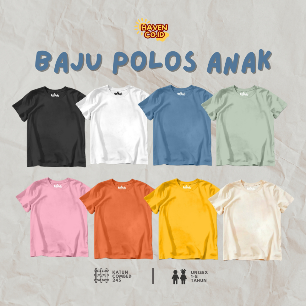 Haven Co Plosan 2 - Kaos Polos Anak Tangan Pendek Atasan Laki Laki Perempuan Usia 1-8 Tahun Combed 2