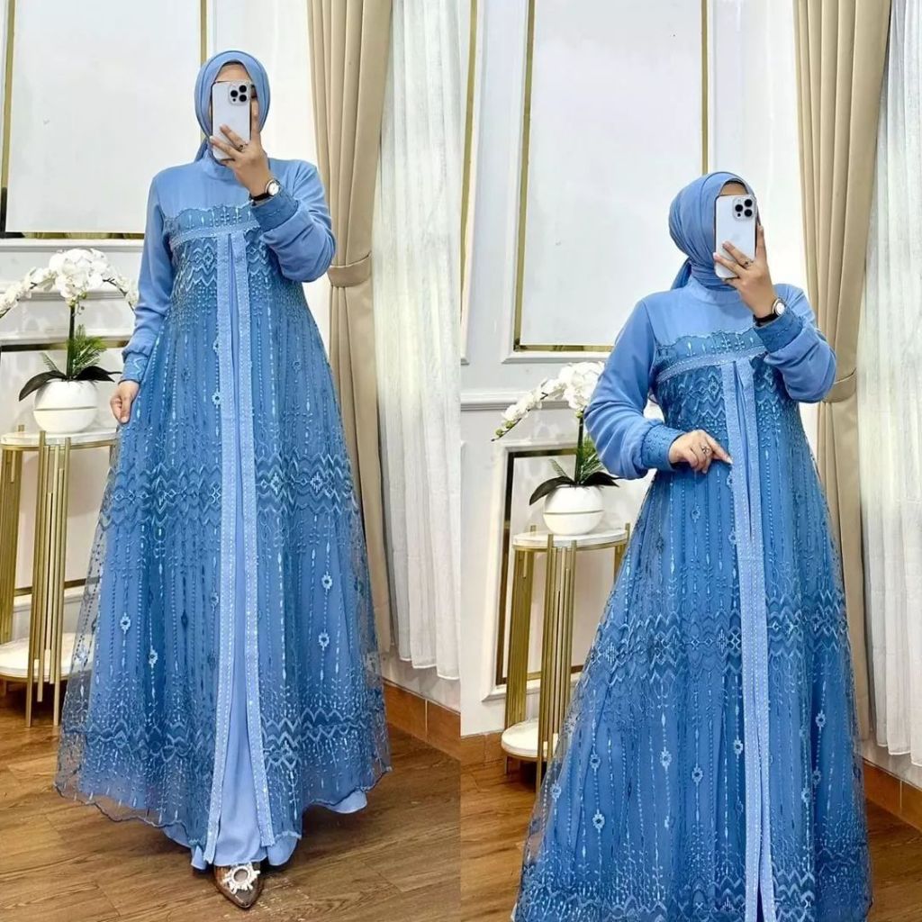 GAMIS BRUKAT WARNA DENIM TERBARU MODEL ELEGAN DRESS PESTA TAHUN 2024/AMELDA DRESS IMPOR BAHAN CERUTY