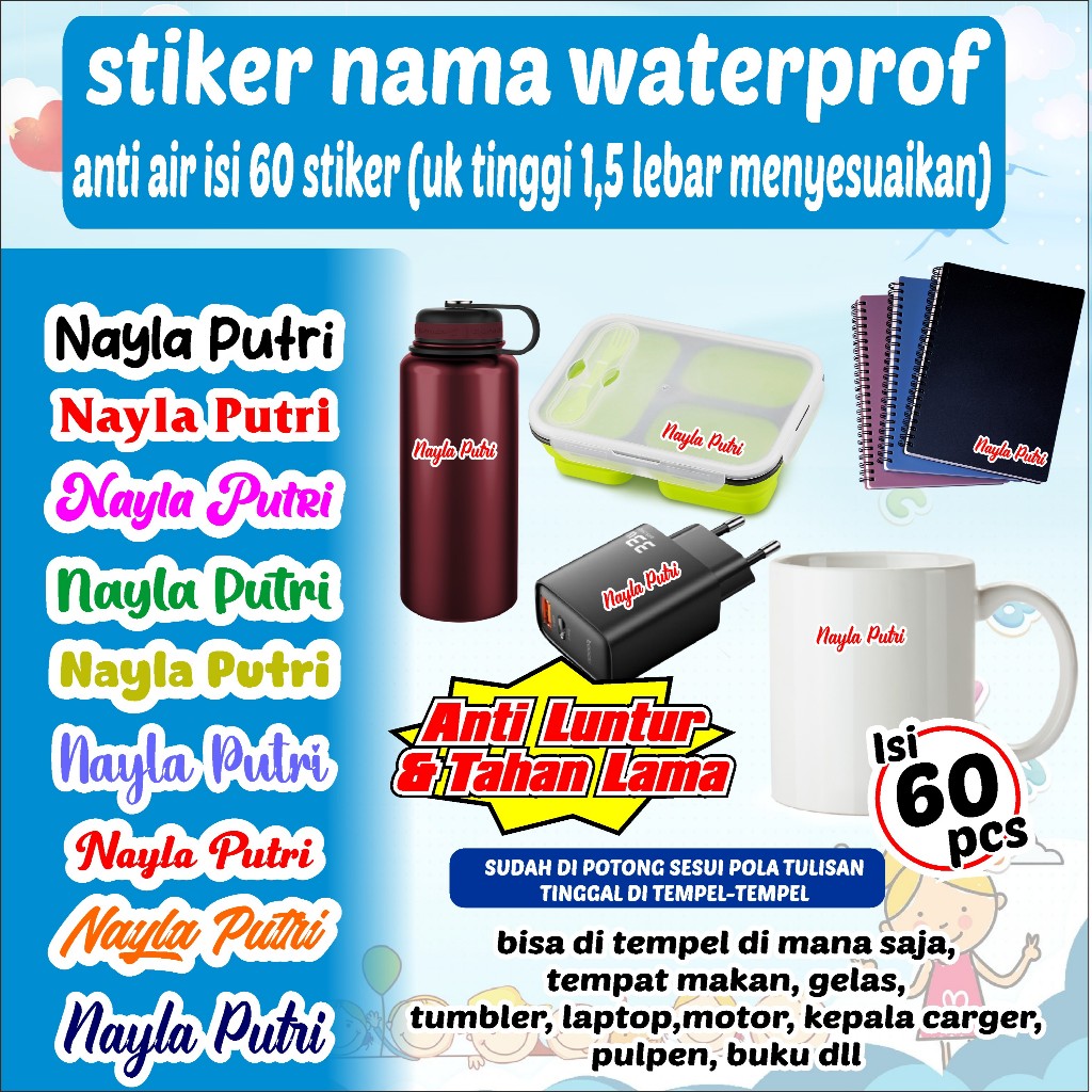 

(60 pcs ) stiker label nama waterproff stiker nama stiker alat tulis