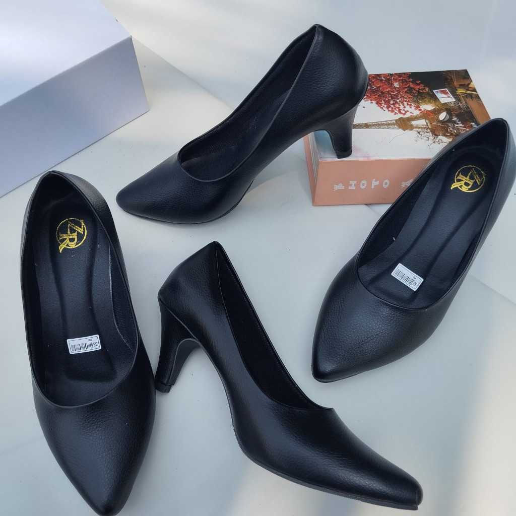 Sepatu Pantofel Wanita Kerja Kantor Hak Tinggi 7cm - Sepatu Guru Kulit Hitam