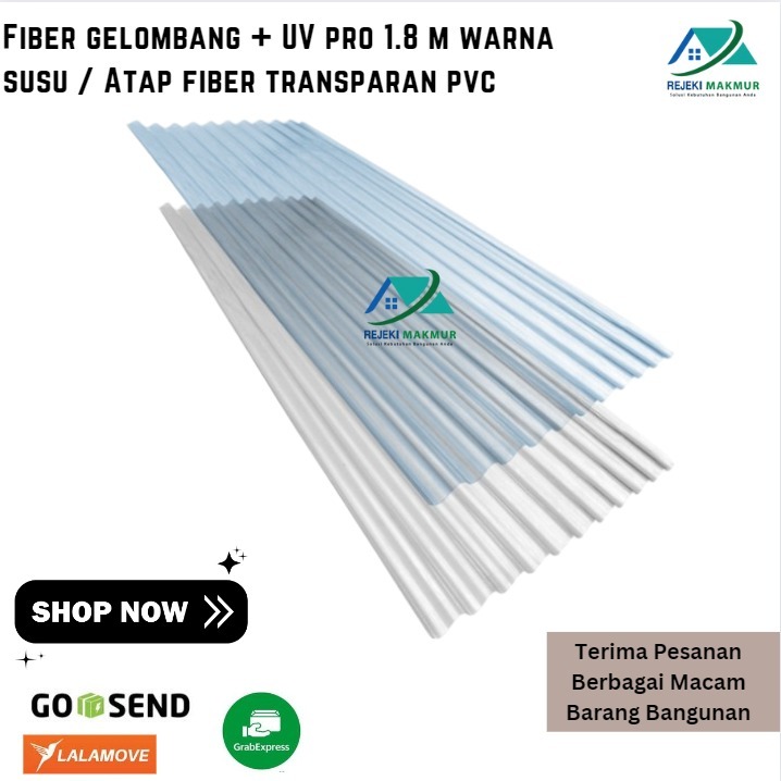 Fiber gelombang + UV pro 1.8 Meter x 80 cm x 0.8 mm warna putih susu / Atap fiber bening transparan 