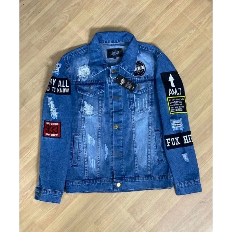 JAKET JEANS DENIM BIRU PRIA COWOK FULL BORDIR KEREN Hip Hop