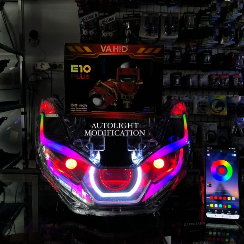 BILLED PCX 160 LENGKAP HEADLAMP CUSTOM BILLED VAHID E10+ 3 INCH 68 WATT DEVIL DAN ALIS RGB SMARTPHON