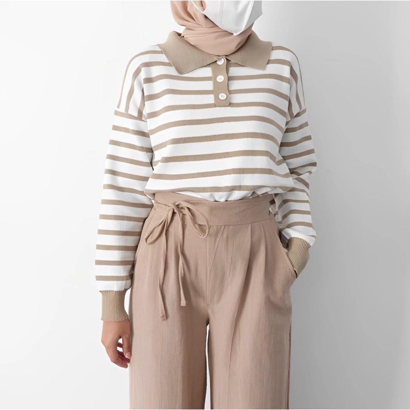 MF - MFS SWEATER RAJUT POLO STRIP WANITA RENA / HALEY POLO STRIPE KNIT / SWEATER KOREAN TOP KNIT / A