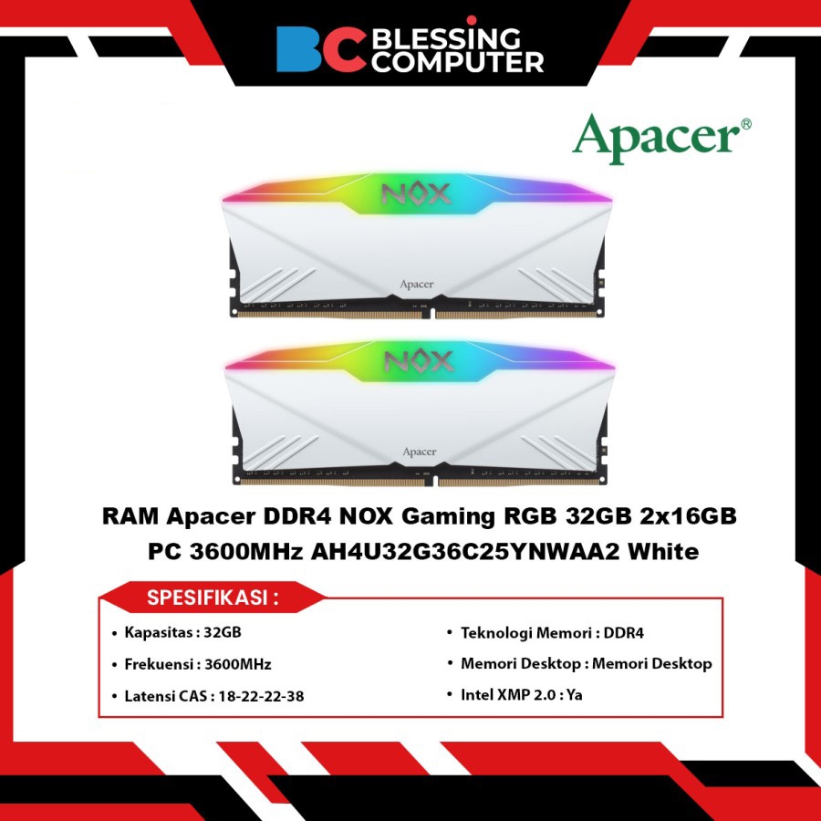 RAM Apacer DDR4 NOX Gaming RGB 32GB 2x16GB PC 3600MHz AH4U32G36C25YNWAA2 White