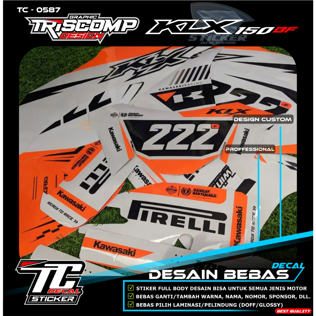 Decal Custom KLX 150 BF New Motif putih orange Super Glossy tebal Bisa reques List variasi Striping 