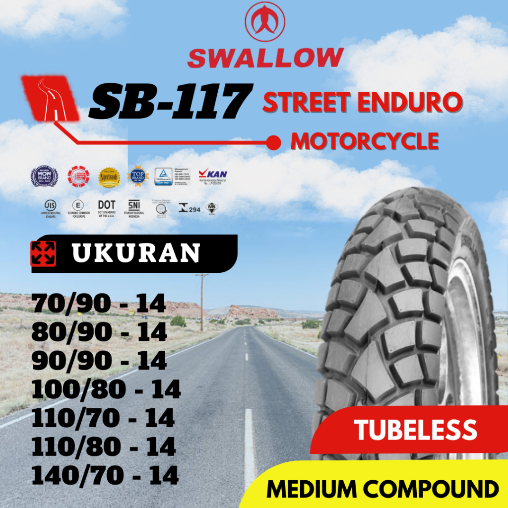 Ban Motor Swallow SB-117 Street Enduro 70/90 80/90 90/90 100/80 110/70 110/80 140/70 Ring 14 Tubeles