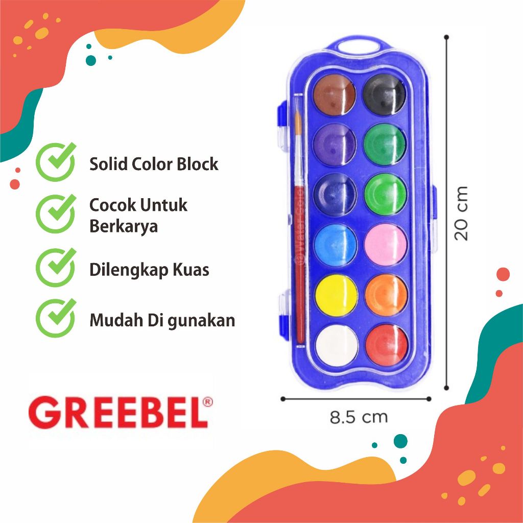 

GREEBEL Cat Air Isi 12 Warna Watercolor Cake Gratis Kuas (12C CAKE) / Cat Air, Cat Lukis, Melukis, Mewarnai