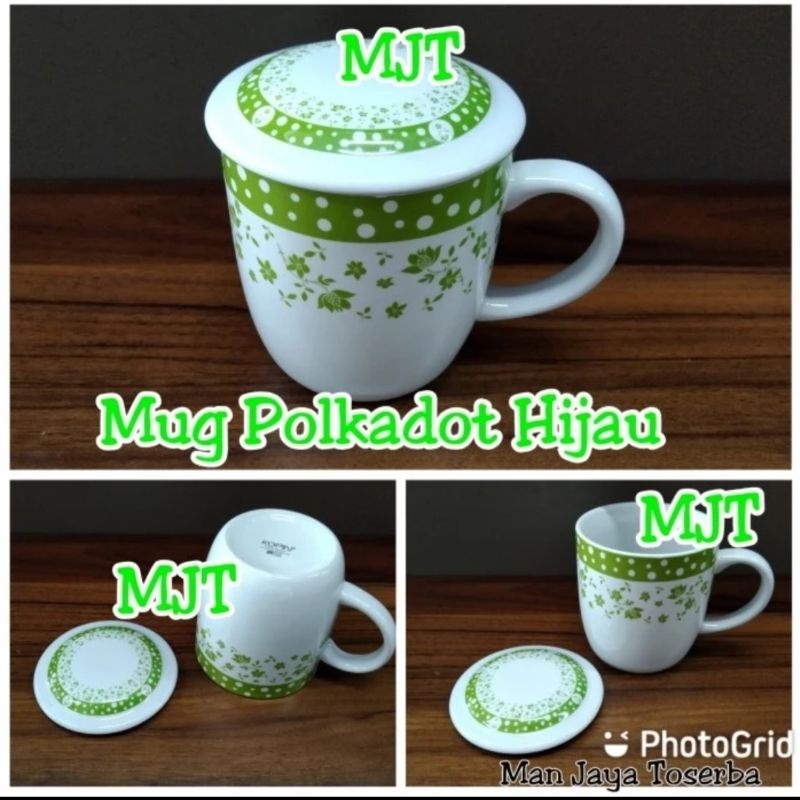 mug tutup keramik polkadot motif bunga gelas kopin porcelain