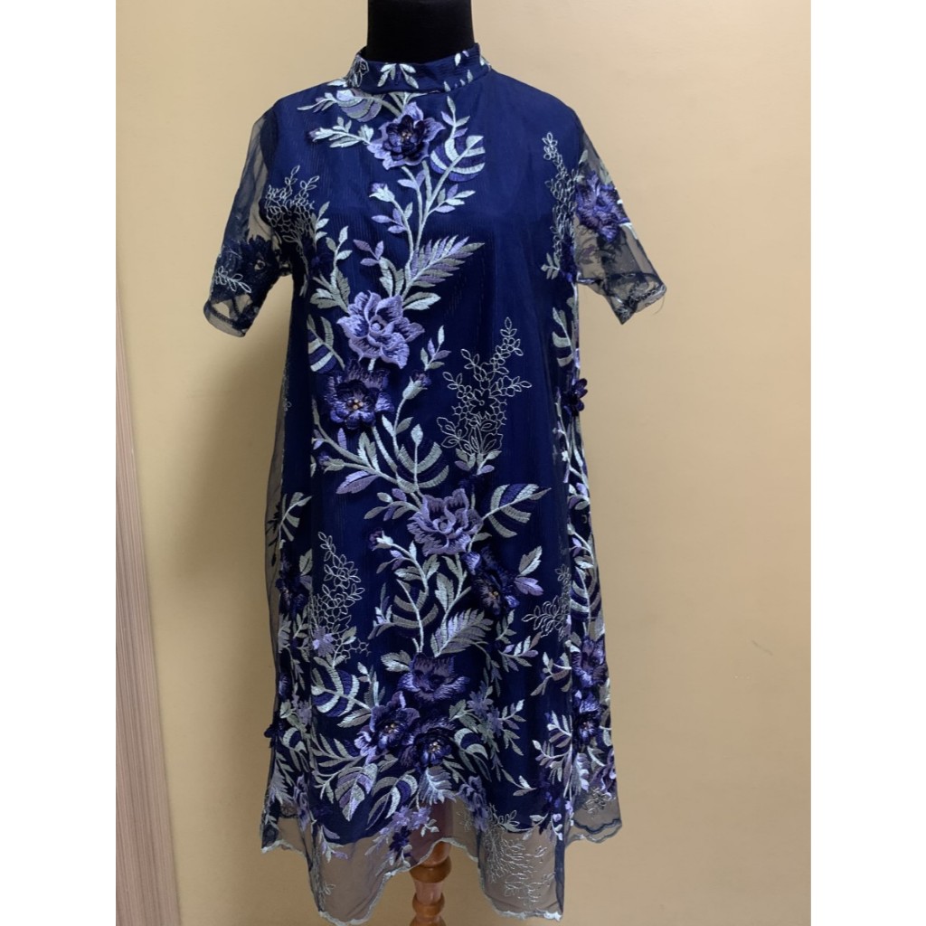 Mididress dress wanita brokat biru donker