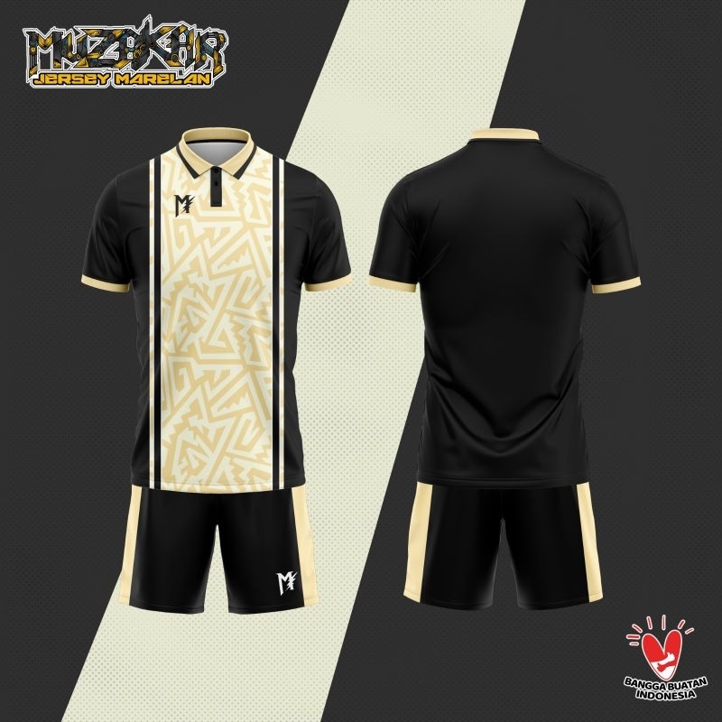 MUZAKAR Baju Futsal Setelan Stelan Jersey Bola Muzakar Hitam Gold Kerah Polo, Bisa Sablon