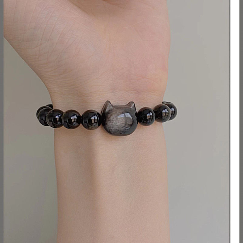 Natural Silver Stone Cat Head Obsidian Bracelet
