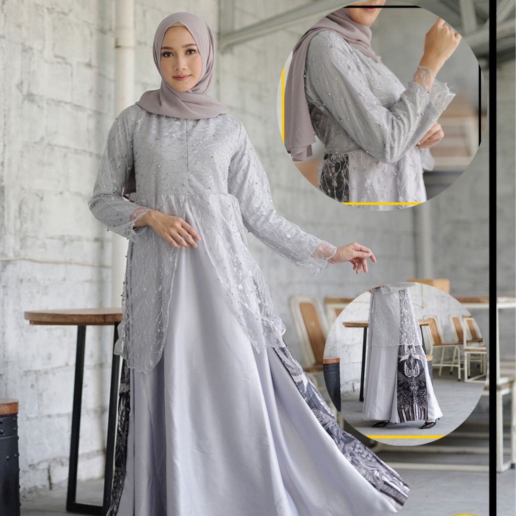 JUMBO ADA LD120 / GAMIS WANITA MAXI DRESS SATIN KOMBINASI BROKAT MUTIARA PREMIUM GAMIS SATIN BATIK K