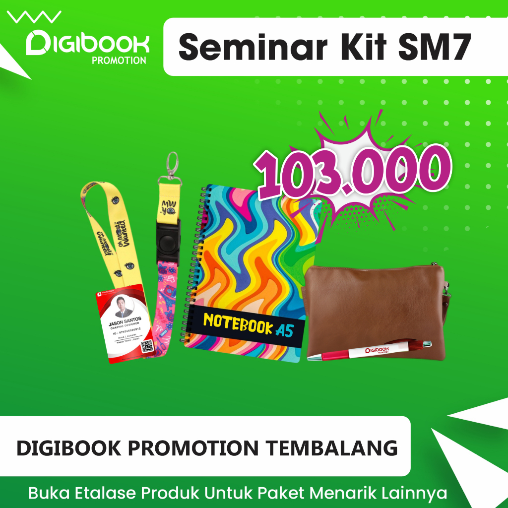 

Pouch Imitasi, Notebook Spiral A5, Pulpen Sablon, Lanyard Printing, PVC ID | Custom Paket Seminar Kit Custom isi 5 | | SM7