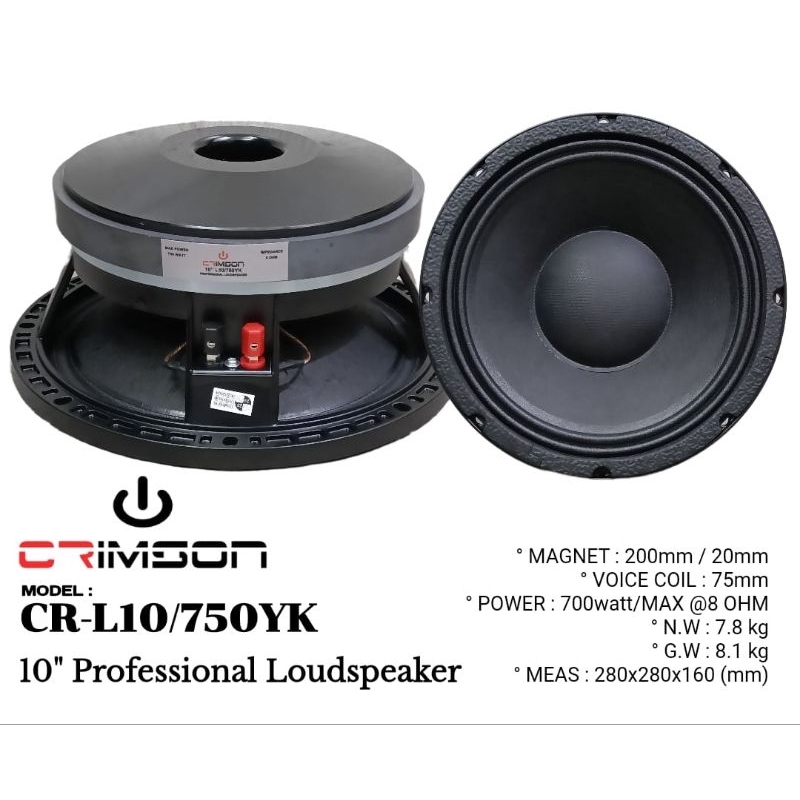 SPEAKER COMPONENT CRIMSON CR-10YK750 SPEAKER 10 INCH VC 3 INCH ORIGINAL