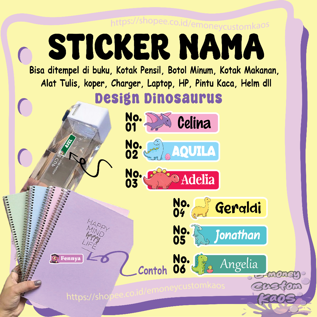 

STICKER LABEL NAMA DINOSAURUS CUSTOM DINO STIKER LEBEL PREMIUM MURAH LUCU BISA TEMPEL DI BUKU KOTAK PENSIL HELM BOTOL MINUM KOTAK MAKANAN ALAT TULIS KOPER LAPTOP HP PINTU KACA