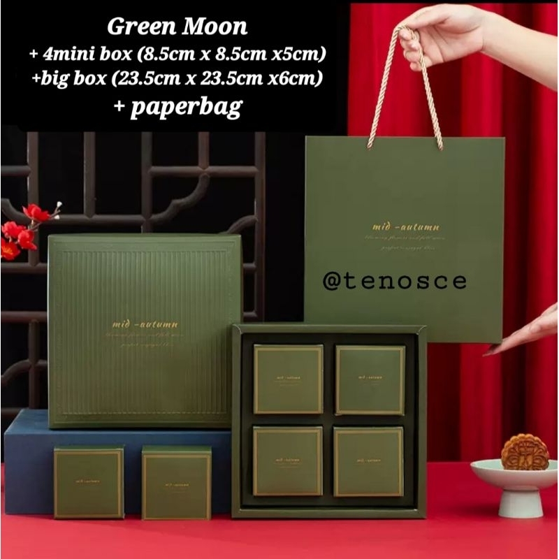 

Kotak Dus Box Mooncake muat 4pcs 125gr mika tray 9cm Hampers Green Moon Kue Bulan Puding