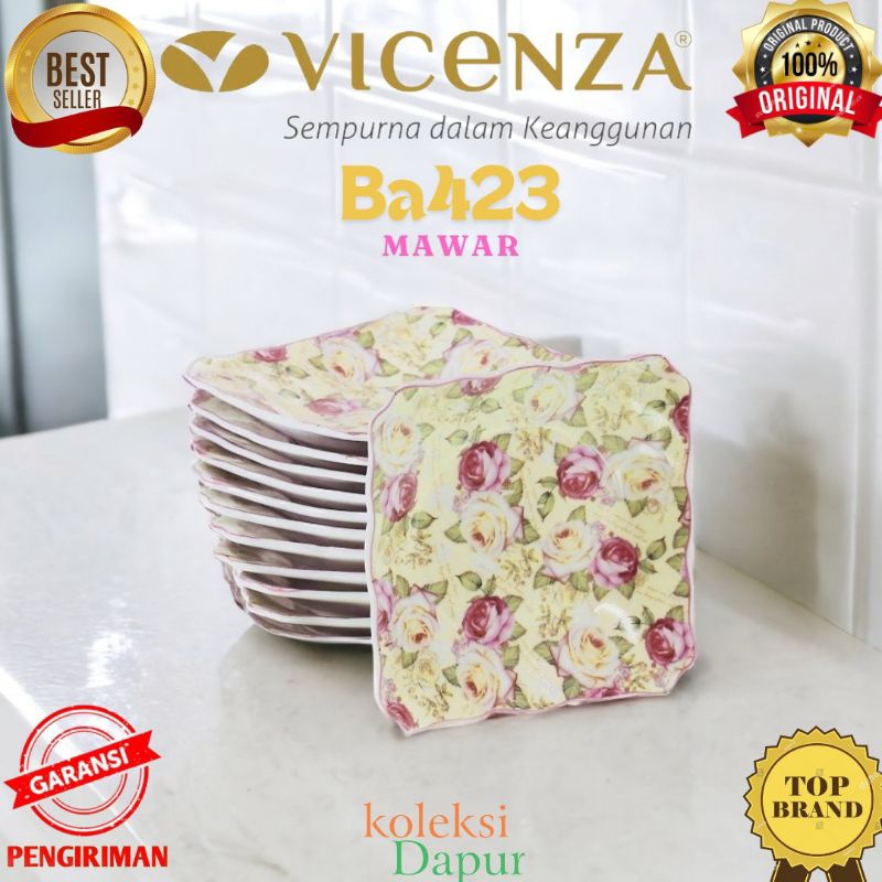 Piring Kue Vicenza Ba423 Motif Mawar, Set Satu Lusin Piring Kotak Kecil, Piring Kecil Porselain Deng