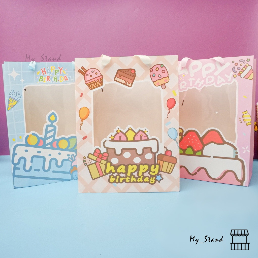 

Packaging Paper Bag CD-765 Birthday Mika 25x12x33 cm CD-006L 14.5x10x19.5 cm CD-006K Paperbag Mika Transparant Ulang Tahun Pastel window Jendela