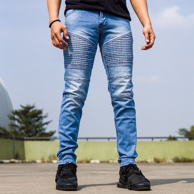 Overdose Celana Biker Jeans Pria | Vaqueros Denim Biker Pants Slim Fit Basic Persian Blue