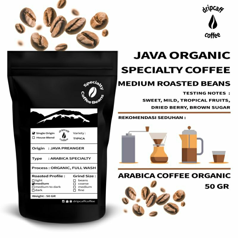 

DRIPCAFF Kopi Bubuk Arabika Organik Java Preanger 50 Gr Asli Specialties Kemasan Ekonomis