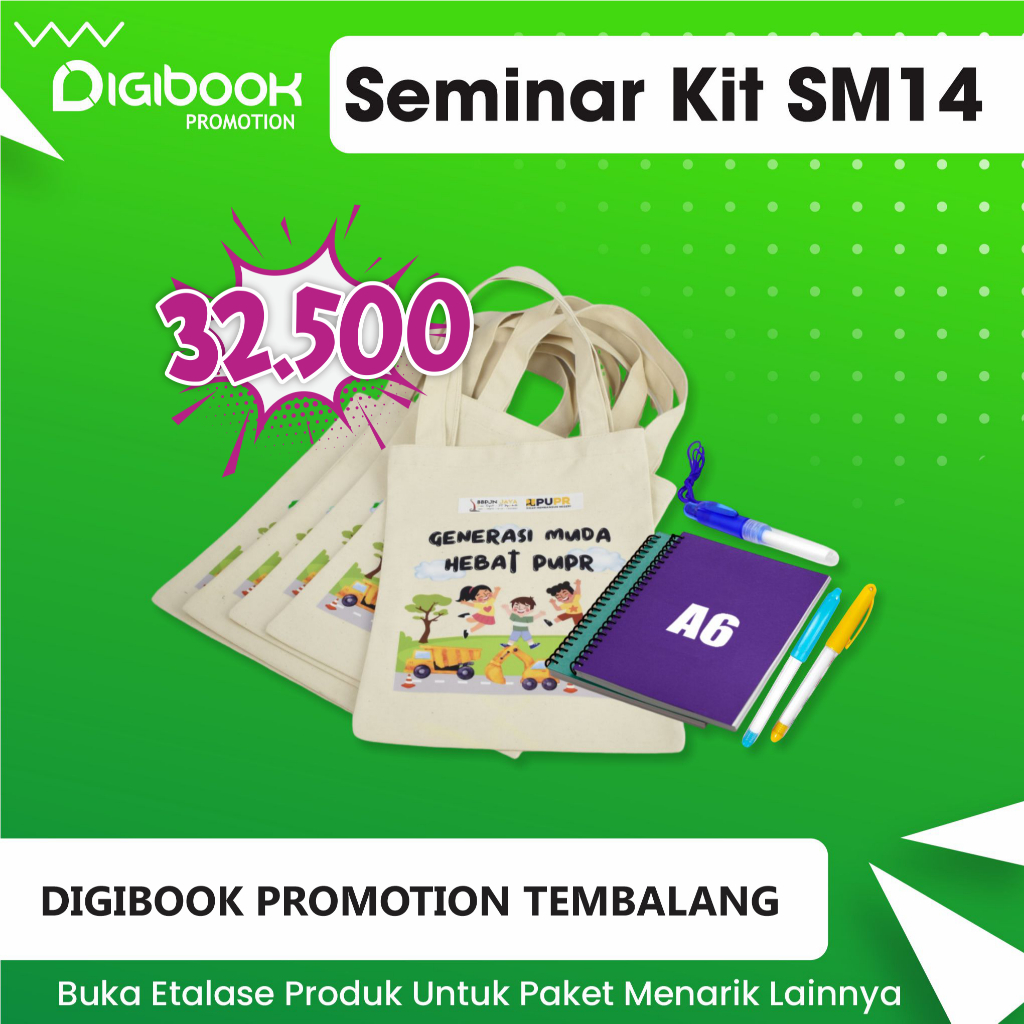 

Custom Paket Seminar Kit Custom isi 3 | SM14 | Belacu, Notebook A6 spiral, pulpen bossjell/ boss tali