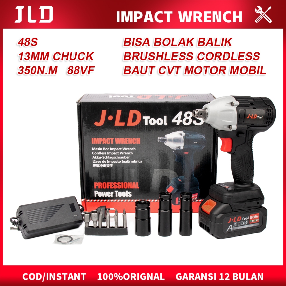 JLD Impact Wrench 13mm Cordless Brushless Mesin Bor 350N.M Bolak Balik Mesin Buka Baut Driver 88VF