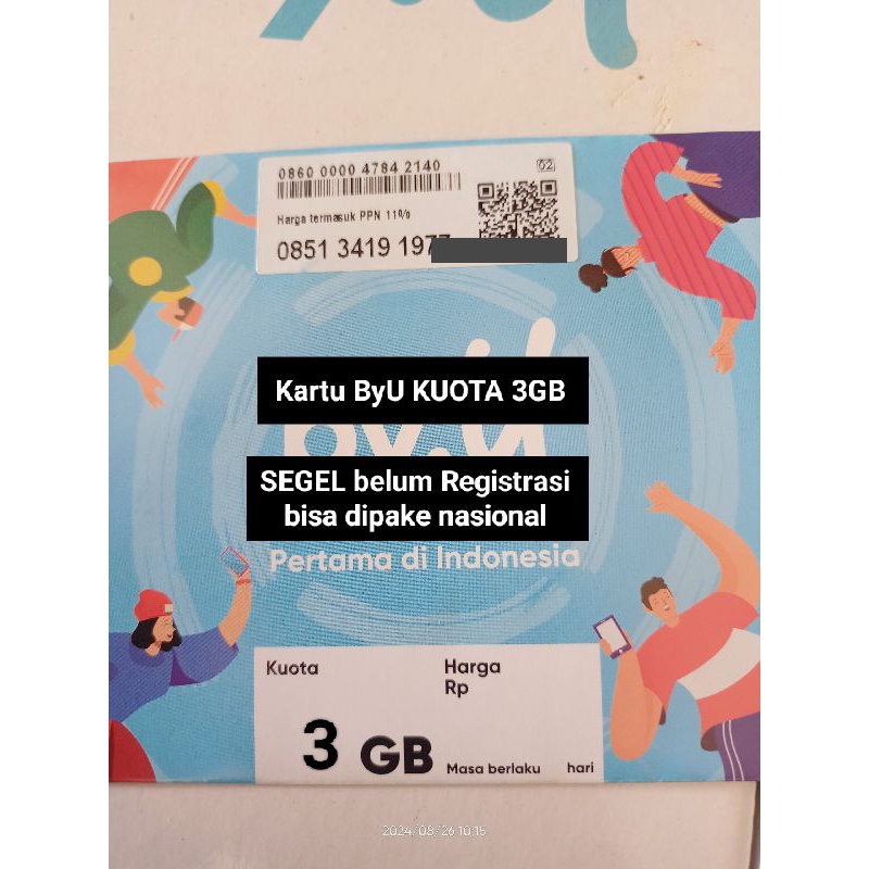 Kartu ByU Kuota 10 GB exp 2027 & 3GB 30hari Nasional exp 2026 & 2027
