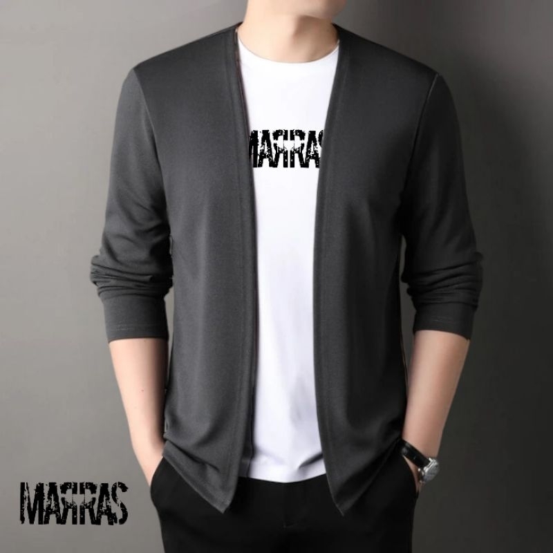 Kaos Lengan Panjang Cardigan V-neck Atasan Rajut Pria Jahitan Mode Dua Badan Aktif Cowok Pull Over