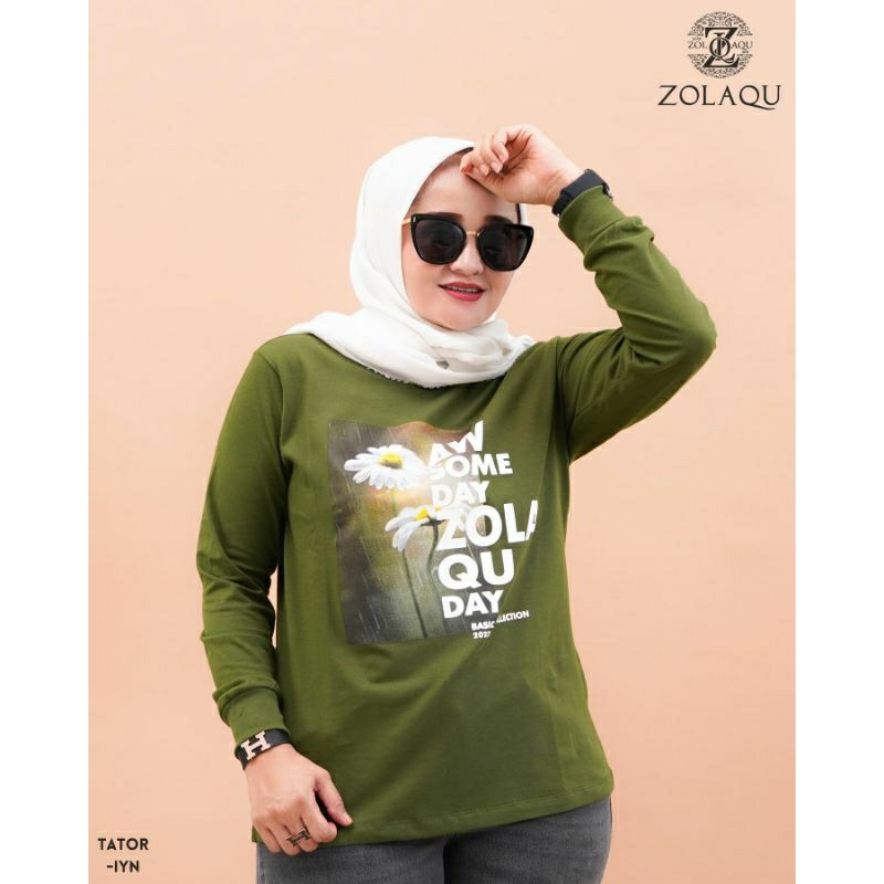 BAJU ATASAN KAOS DISTRO ZOLAQU POLOS TSHIRT HIJAU TATOR TEBAL ZLQ WANITA LENGAN PANJANG KOMBINASI SE