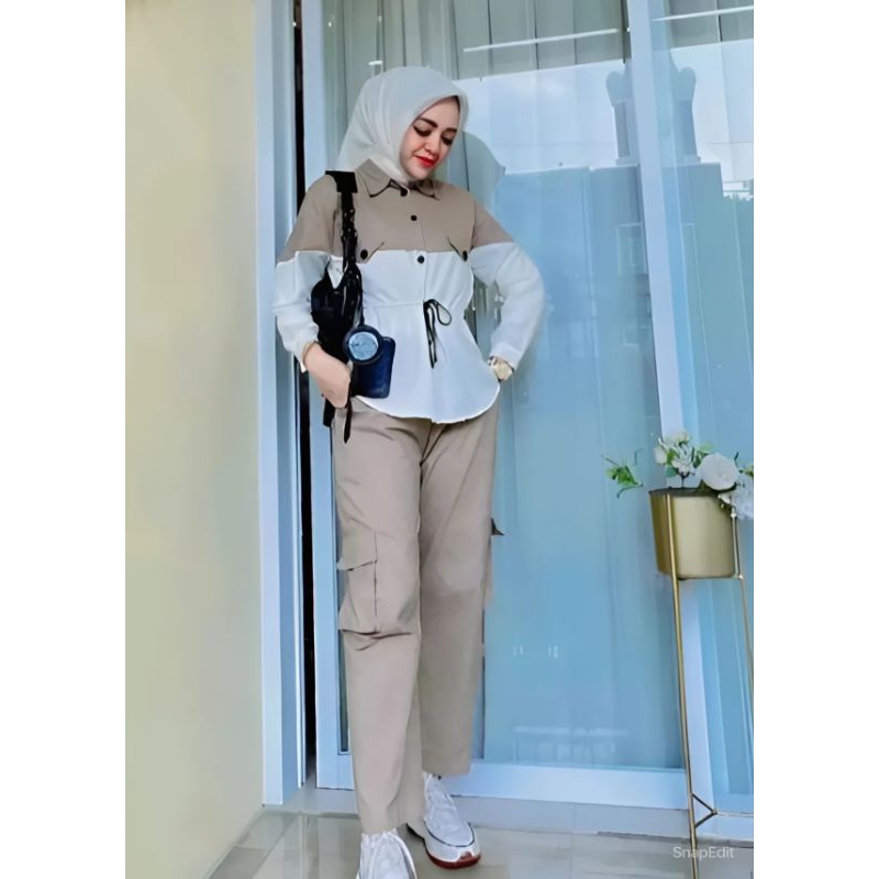 baju setelan wanita set kombinasi celana cargo satu set dengan baju