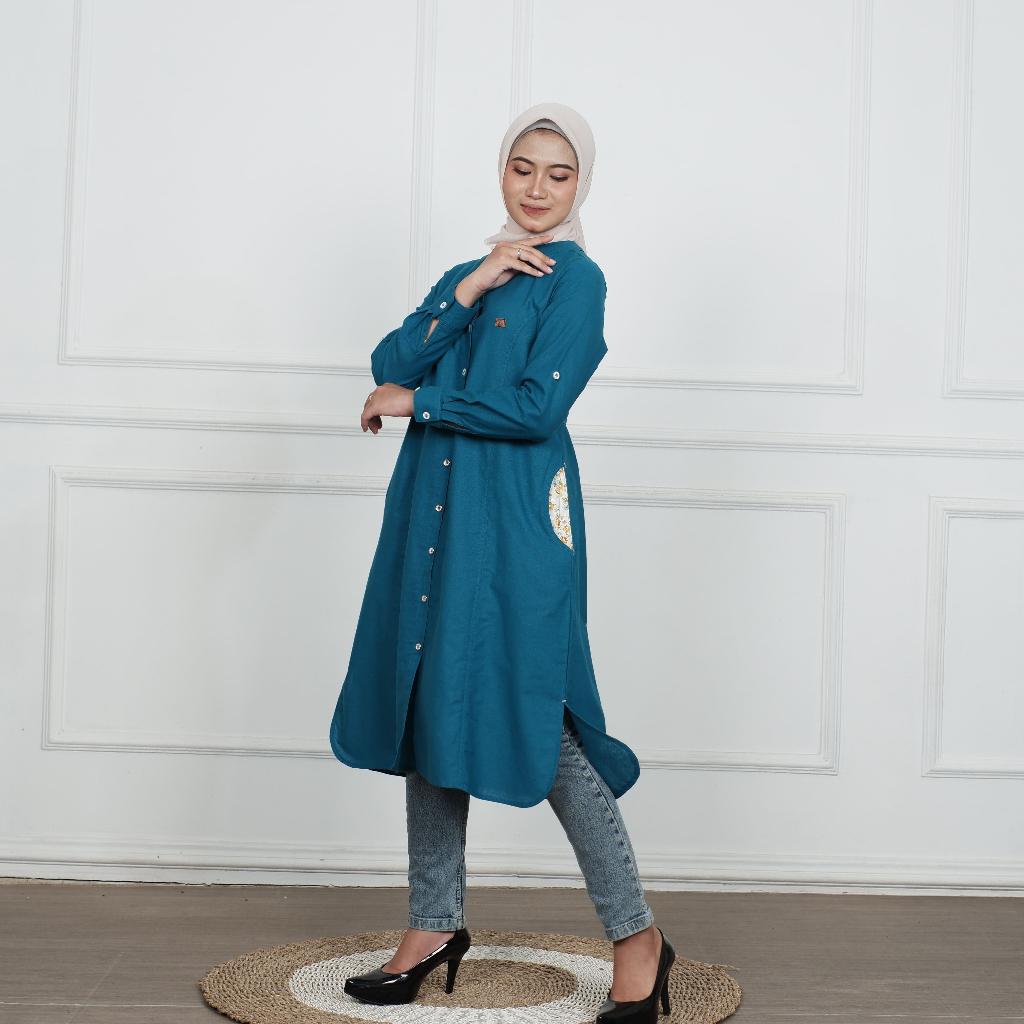 Baju Tunik - Linen Premium Atasan wanita design polos Long Tunik variasi full kancing depan exlusif