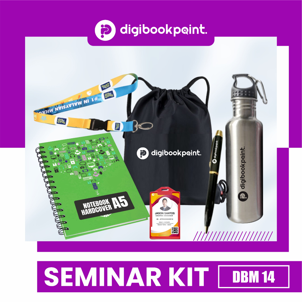 

Paket Seminar Kit Custom - Pulpen Besi Grafir, Notebook Hardcover A5, Tas Serut Punggung Taslan Custom, Tumbler Ventura, Paket Lanyard Card Case - DBM 14