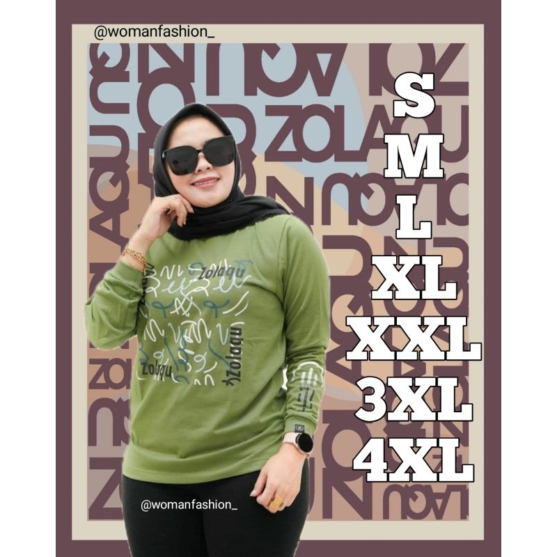 Kaos Wanita Zolaqu Hijau Cacing Original Fashionable T-Shirt Casual Oversize Lengan Panjang Atasan S
