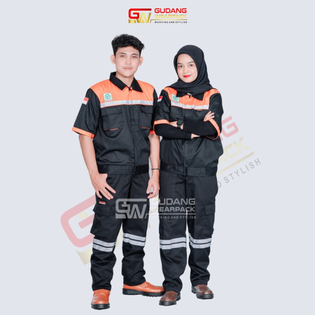 Setelan Wearpack (Baju Lengan Pendek dan Celana kerja) Warna Hitam Oren (1 set) - gudang wearpack