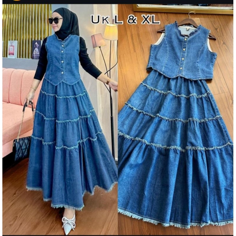 oneset dress denim rompi Wanita Panjang