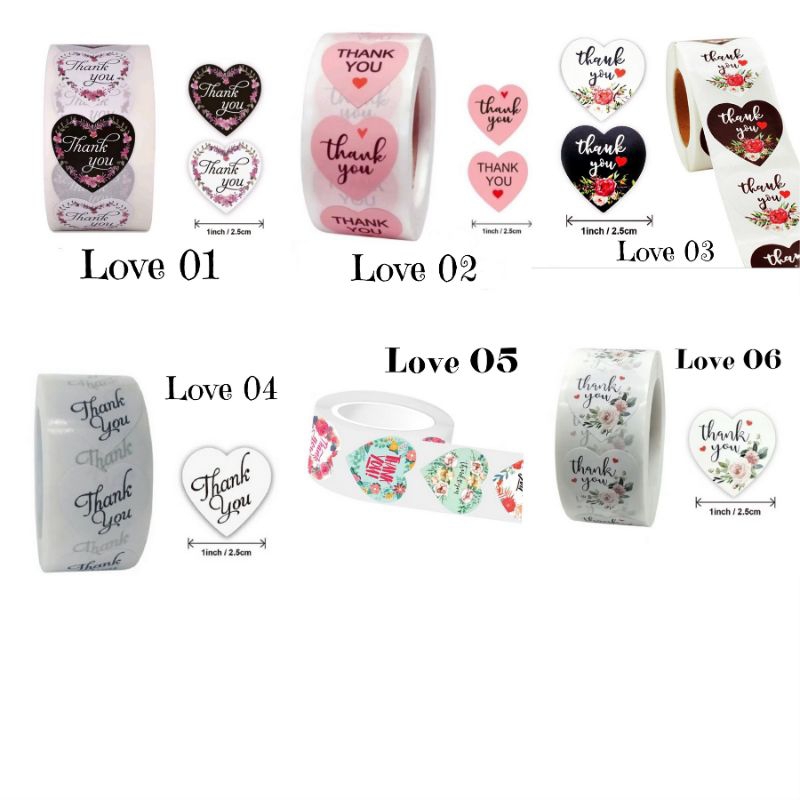 

50 Pcs/1 Roll isi 500 Pcs Stiker Label Thank You/Ucapan Terima Kasih Model Love/Bentuk Hati
