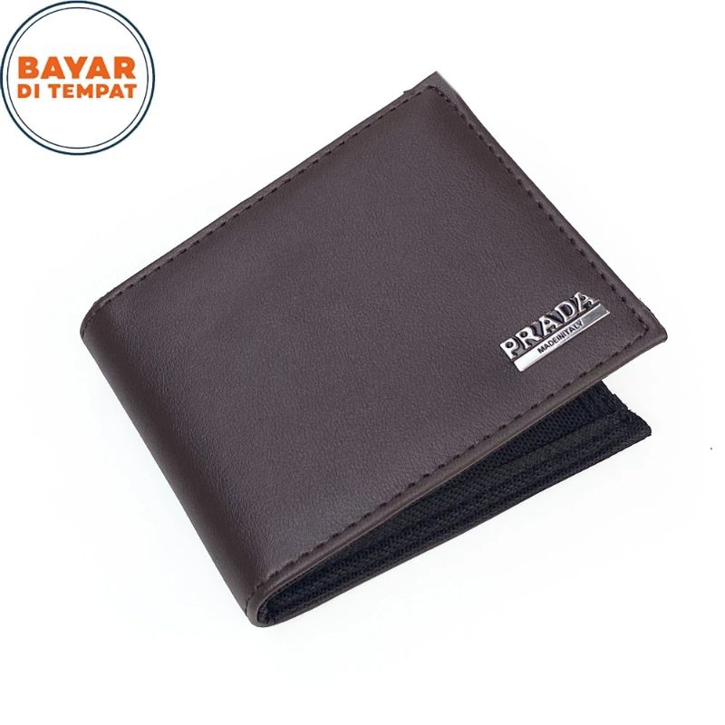 Dompet Kulit PRADA Coffee / Mocca P030 Dompet pendek Dompet Pria Lipat Dua Kulit PU Import+ Free Box