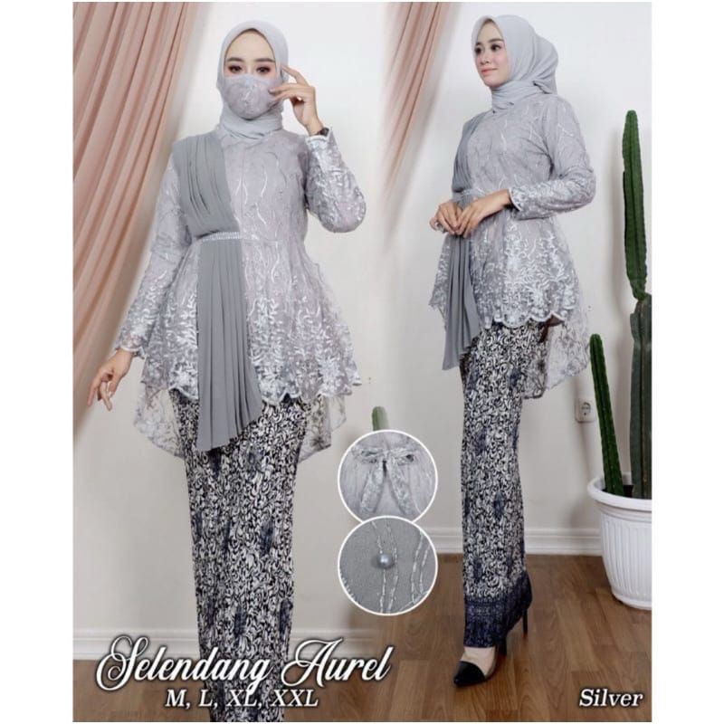 Setelan Baju Kebaya Modern Slendang Aurel Hijab Muslim Bahan Tille Untuk Wisuda Kondangan Mix Rok Pl
