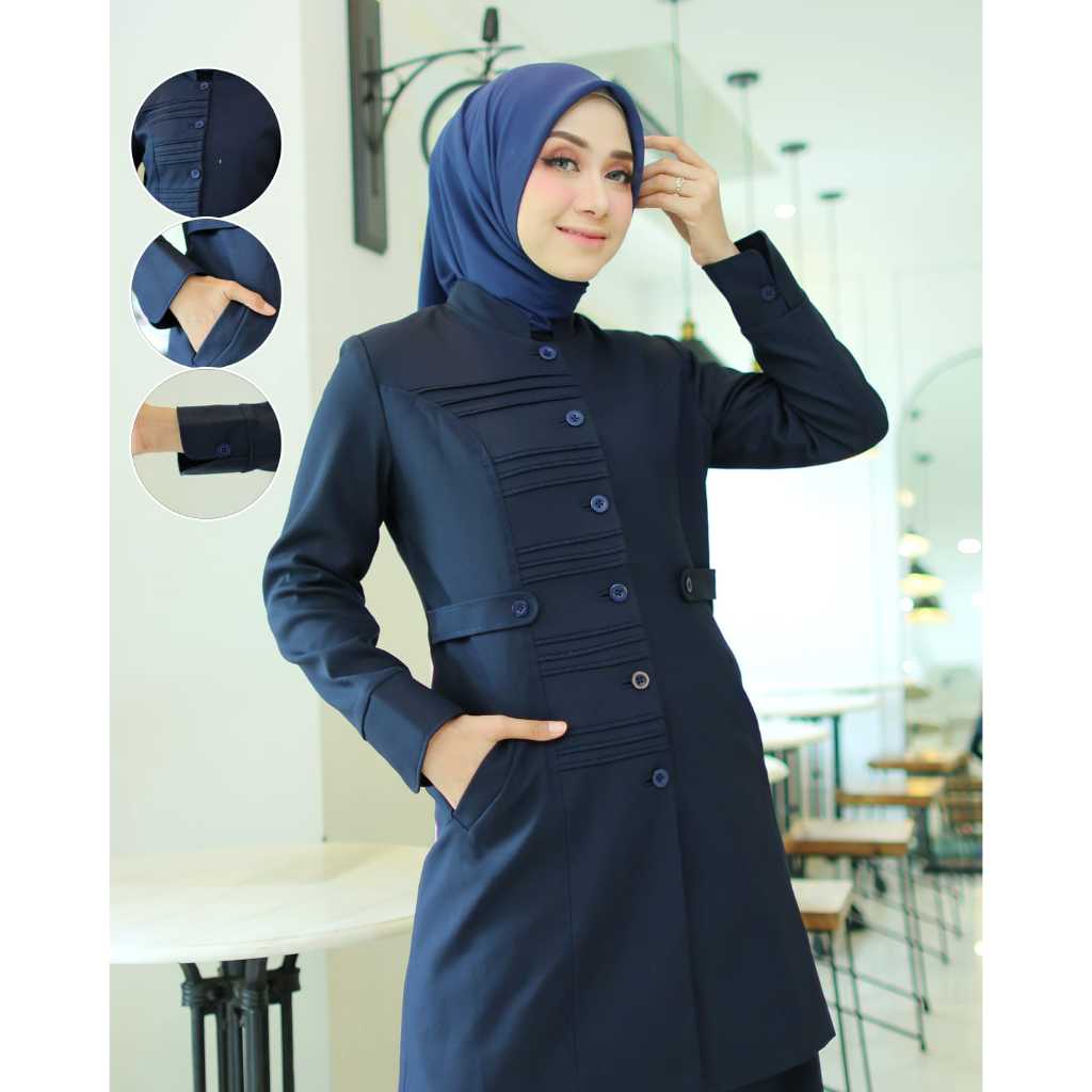 Baju Kerja Dinas Biru DONGKER TUNIK STIK GARIS Wanita Guru Setelan Rok Span/Rok.A/Celana Panjang Pol