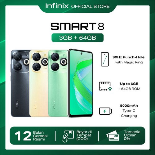 Infinix Smart 8 3/64GB- Up to 6GB Extended RAM - 90Hz Magic Ring Puch Hole Display - Unisoc T606 - 5