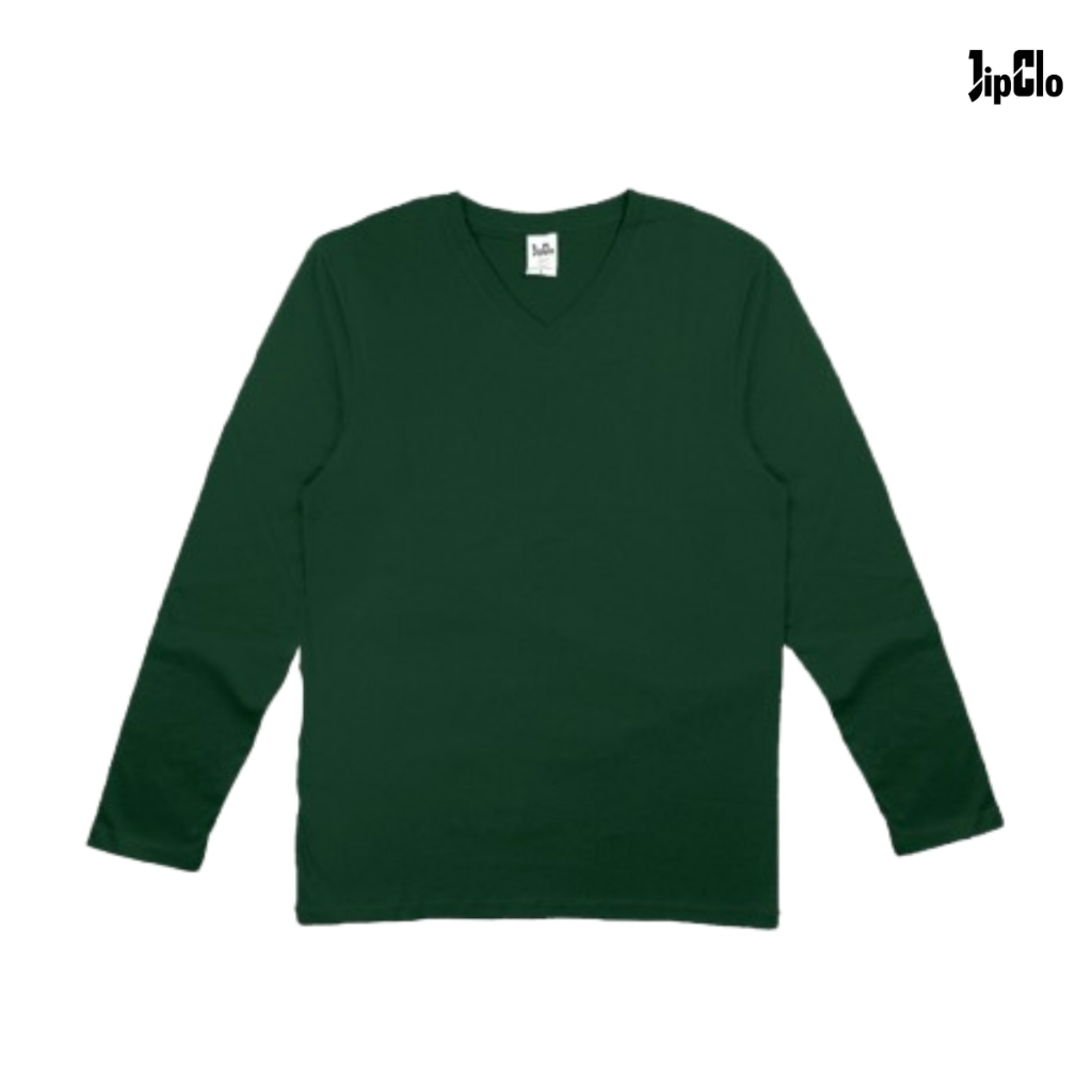 JipClo Kaos Polos Lengan Panjang V Neck Unisex Pria Wanita Hijau Botol Cotton 30s