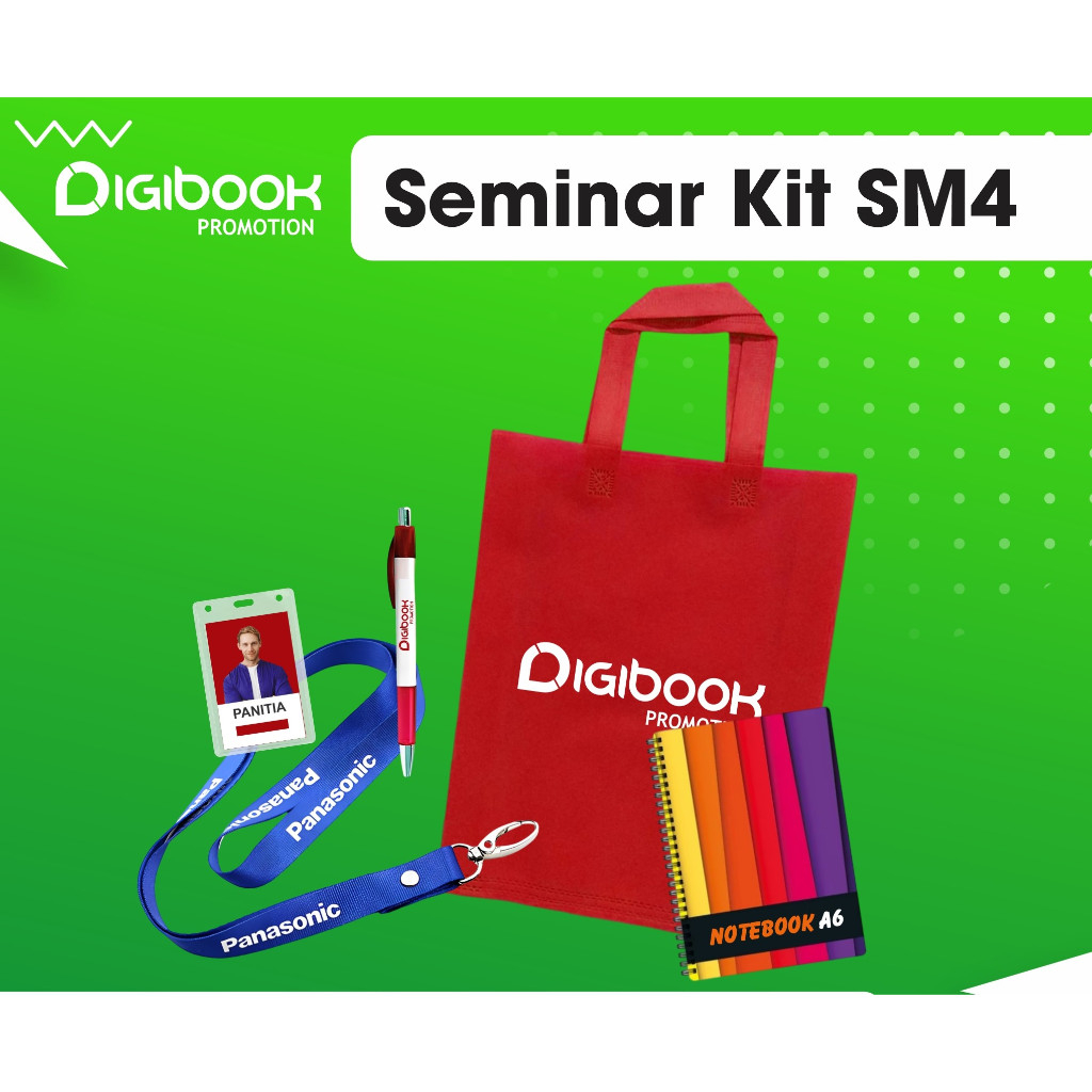 

Isi Paket Seminar Kit Custom / Souvenir kit Seminar isi Tas Spundbund, Notebook Spiral A6, Pulpen Sablon, Lanyard Sablon, CoCard | SM4