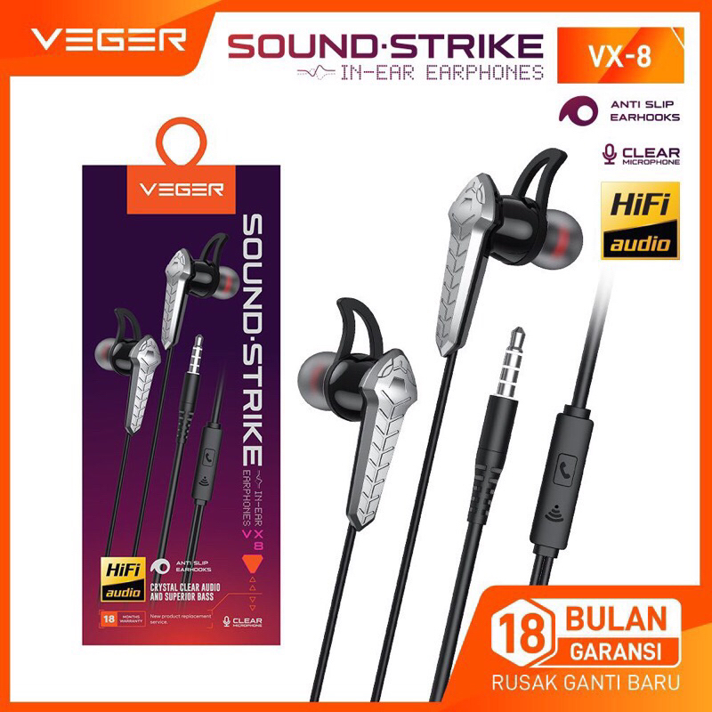 Headset VEGER VX-8/ headset handsfree earphone VEGER VX-8 extra bass with MIC ORIGINAL GARANSI