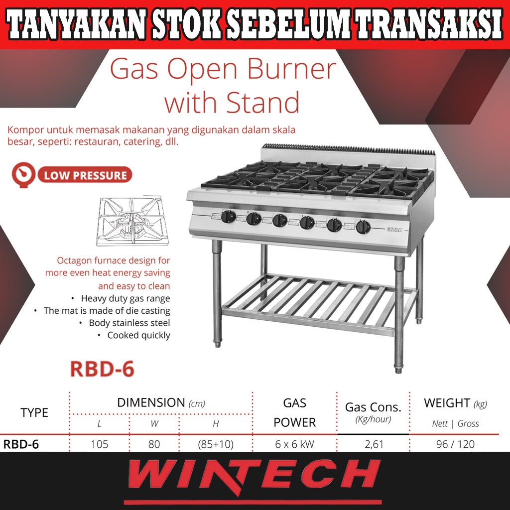 Getra RBD-6 Gas Open Burner With Stand Kompor Skala Besar 6 Tungku - Kompor Untuk Pemakaian Komersia