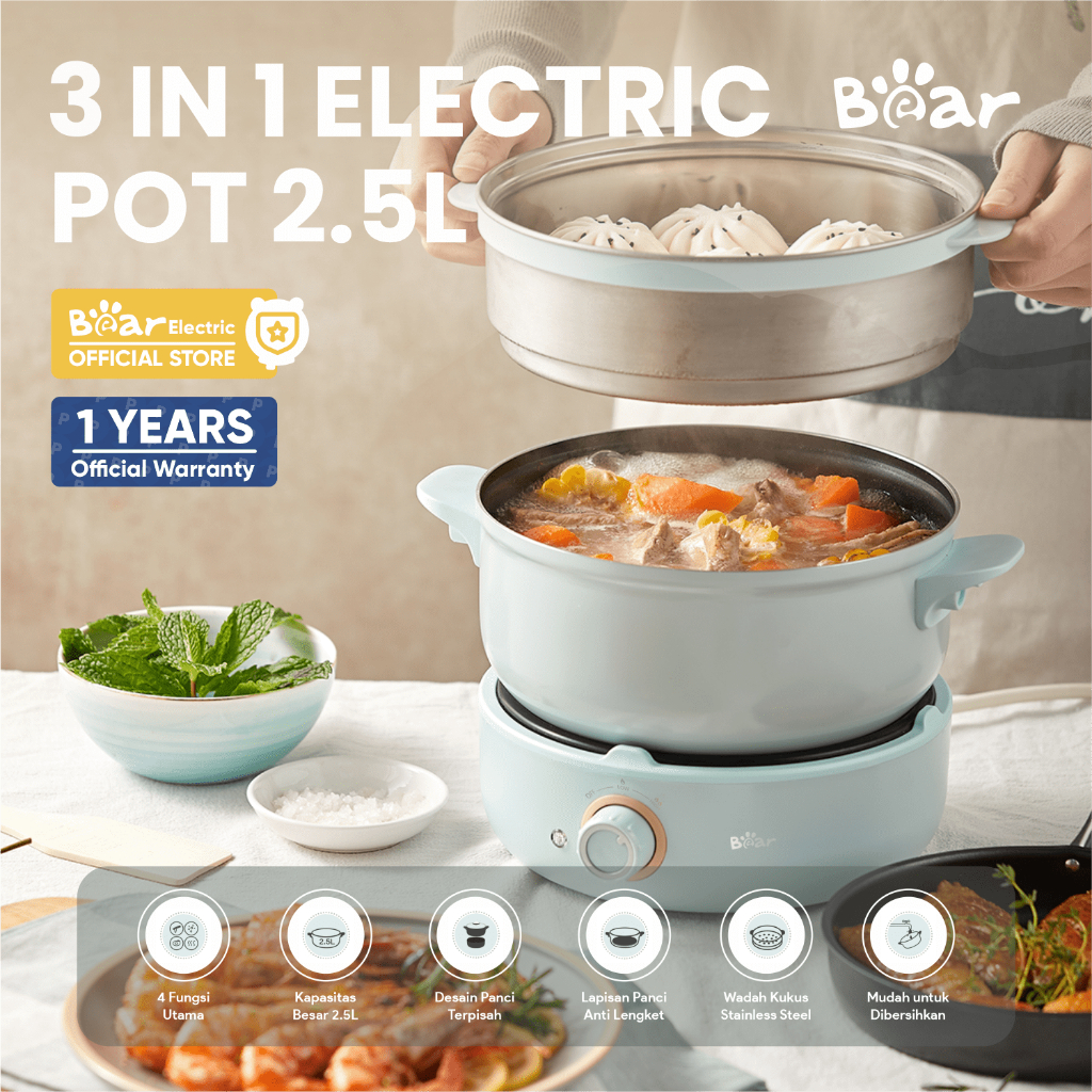 BEAR 3 in 1 Electric Pot 2.5L | Panci Elektrik Multifungsi Panci Listrik Anti Lengket Panci Listrik