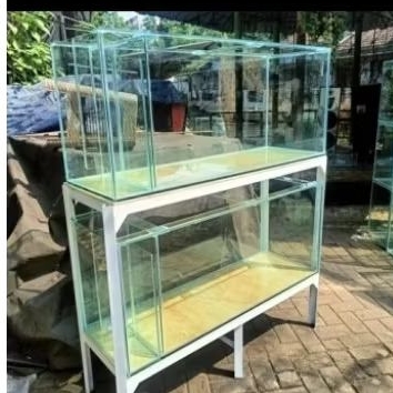 2 Aquarium Kaca 120x40x50 Filter Samping & Rak Besi Siku 2 susun